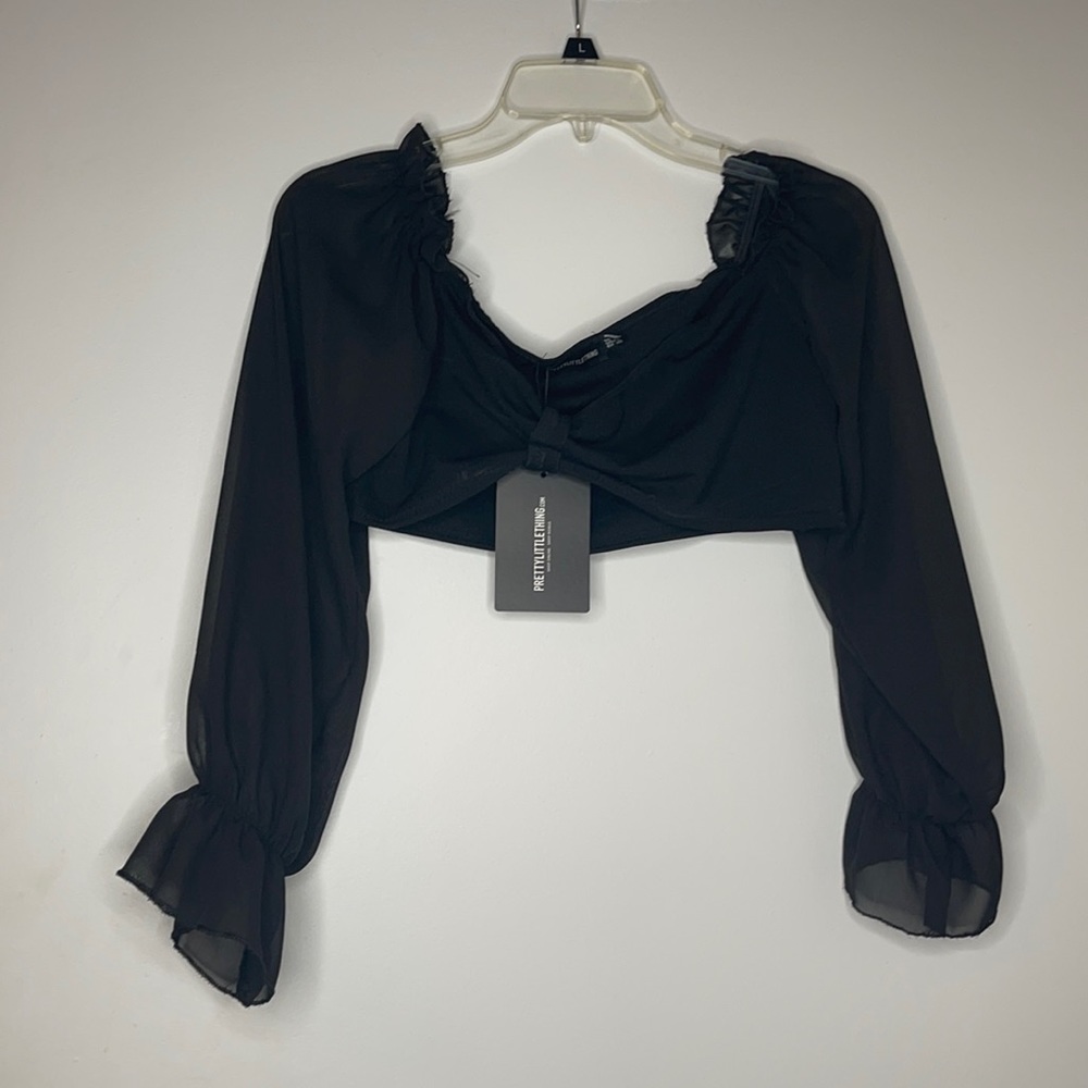 Black Bardot chiffon flare sleeve crop